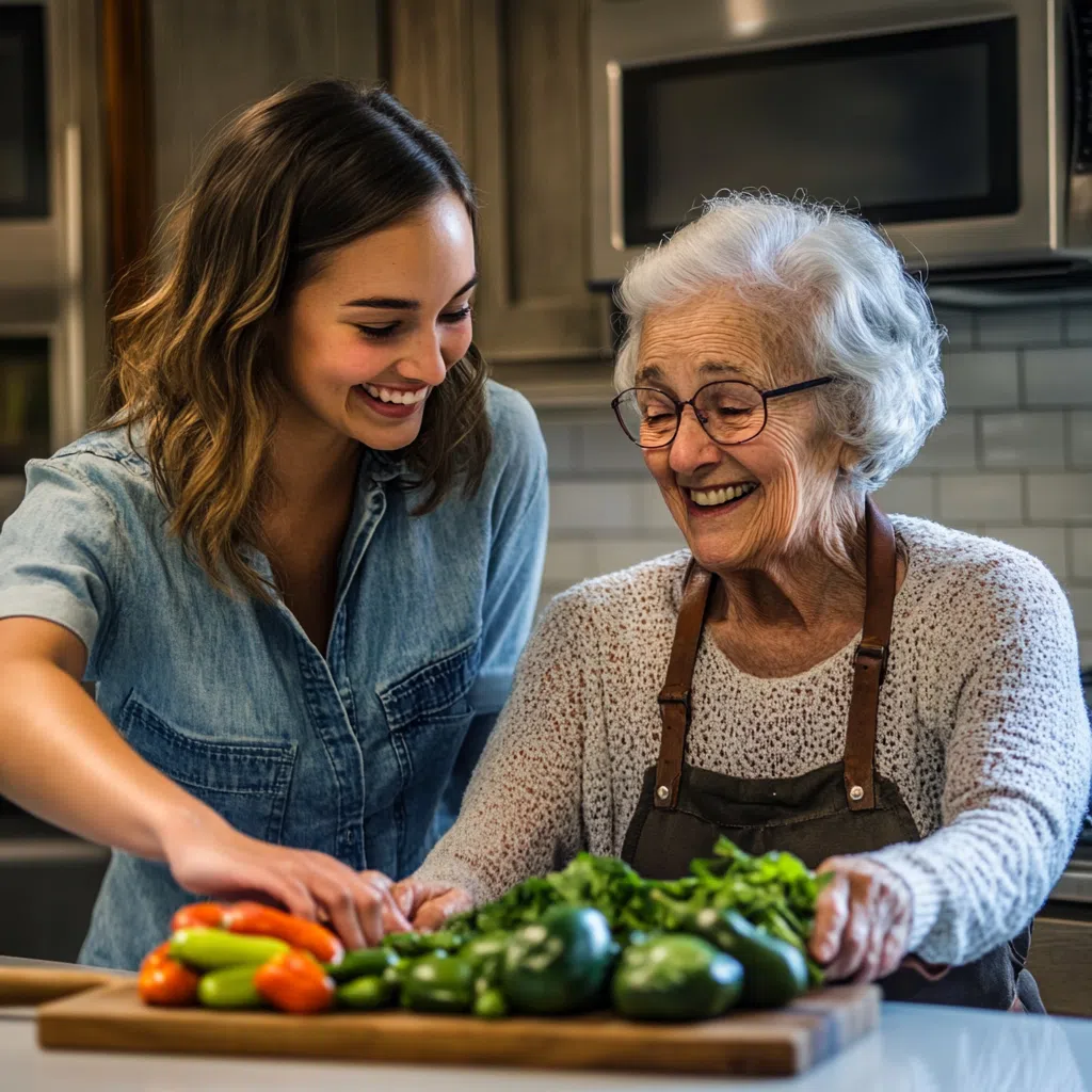 Muni mexican woman with here grand mather in a bright modern kit Young woman and elderly woman cooking together in a bright kitchen
