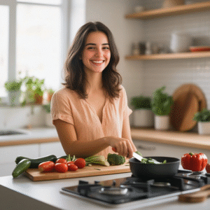 Woman smiling while slicing vegetables in a clean, modern kitchen