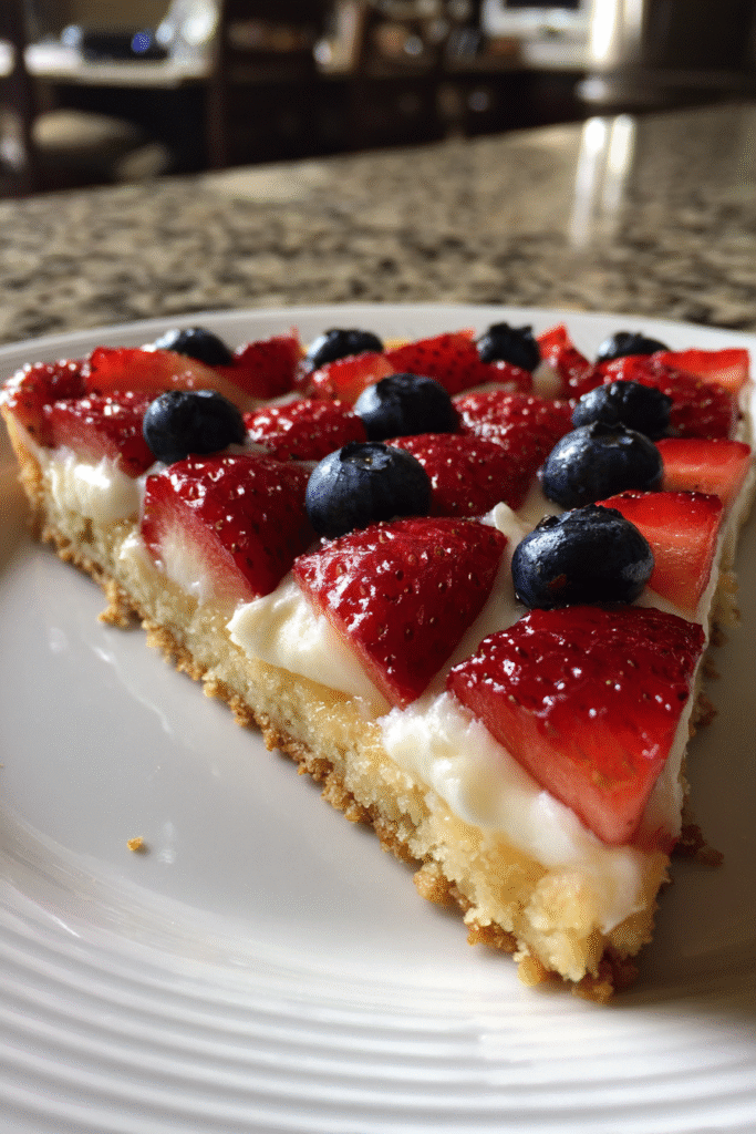 American Flag Fruit Pizza: A Delightful Patriotic Treat! 7 Slices of patriotic fruit pizza ready to serve