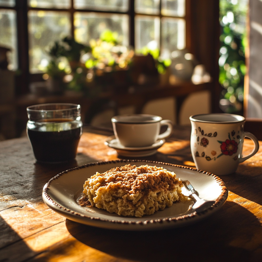coffee cake baked oatmeal with cinnamon streusel served in rustic kitchen