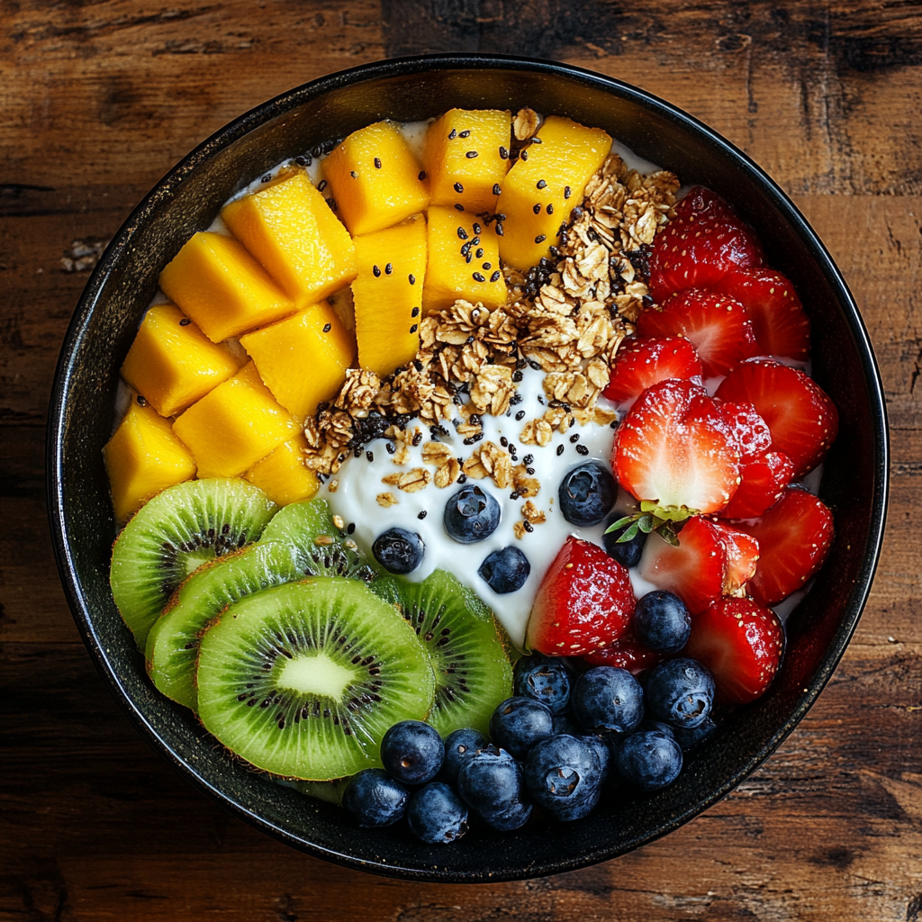 Colorful Bowl Frutas y Granola: Taste the Joy! 8 Styled frutas y granola bowl with coffee and toppings