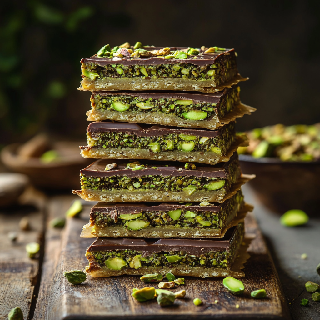 homemade Dubai pistachio chocolate bar with pistachio filling