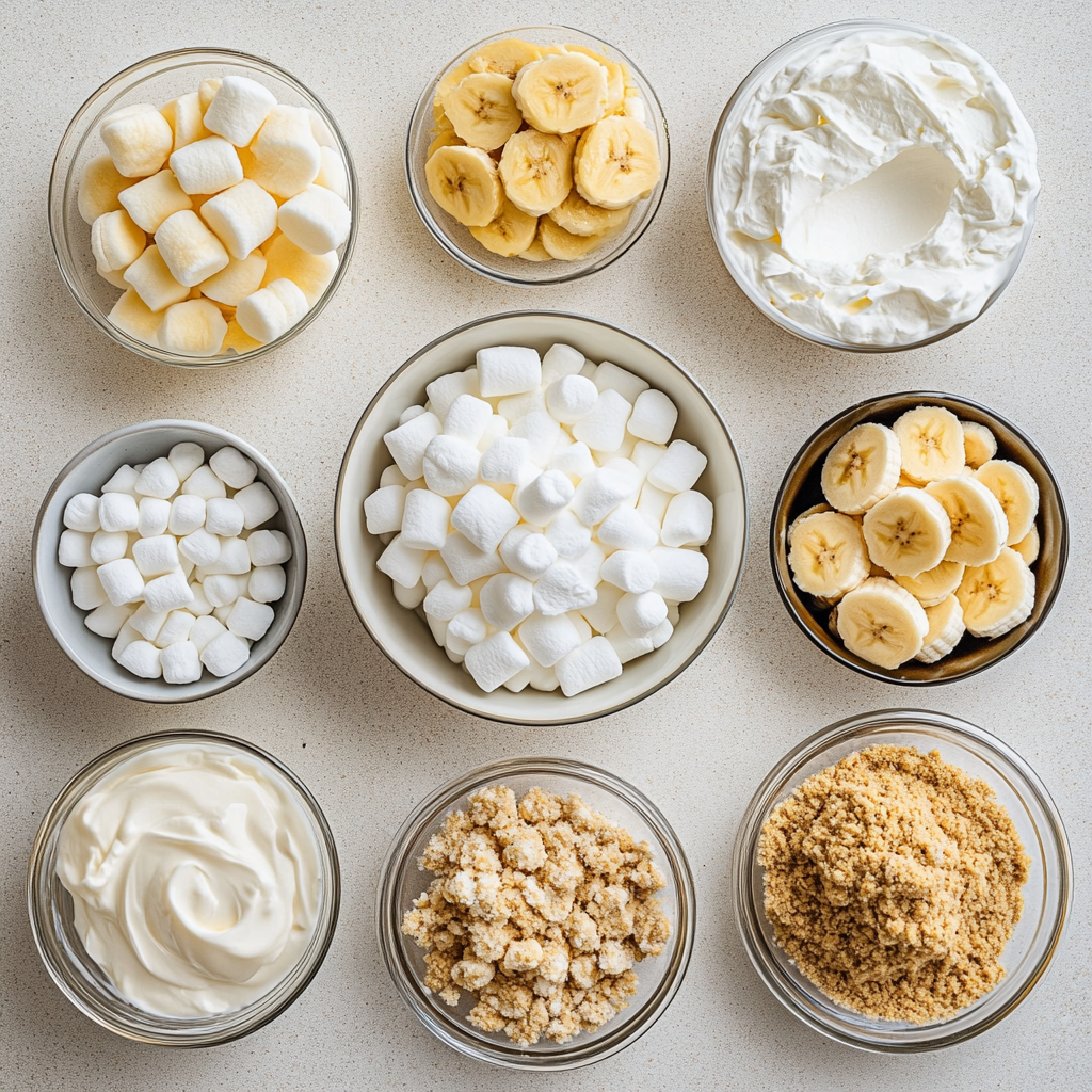Banana Pudding Fluff Salad: A Heavenly Dessert? 4 Ingredients for banana pudding fluff salad on a kitchen counter