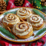 Gingerbread Spice Cinnamon Rolls with Maple Frosting: The Coziest Holiday Treat! 6 Holiday gingerbread cinnamon rolls on dessert plate