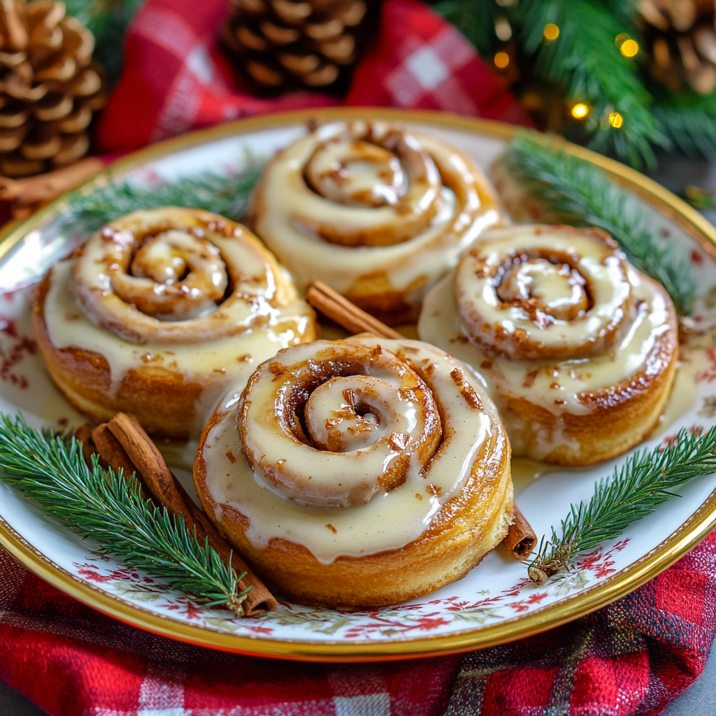 Gingerbread Spice Cinnamon Rolls with Maple Frosting: The Coziest Holiday Treat! 8 Holiday gingerbread cinnamon rolls on dessert plate