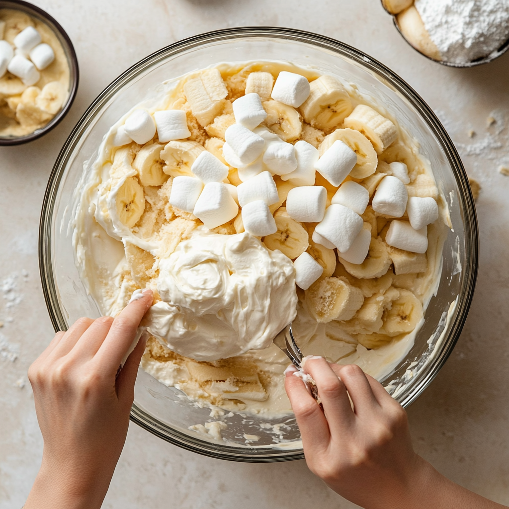 Banana Pudding Fluff Salad: A Heavenly Dessert? 5 Mixing banana pudding fluff salad with whipped topping and marshmallows