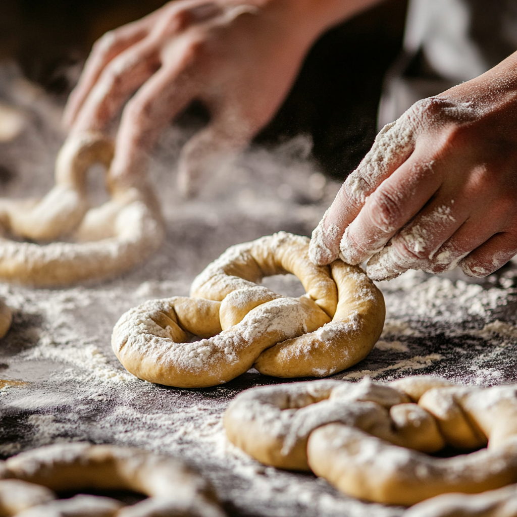 Cinnamon Sugar Soft Pretzels 6 Shaping pretzel dough and boiling before baking