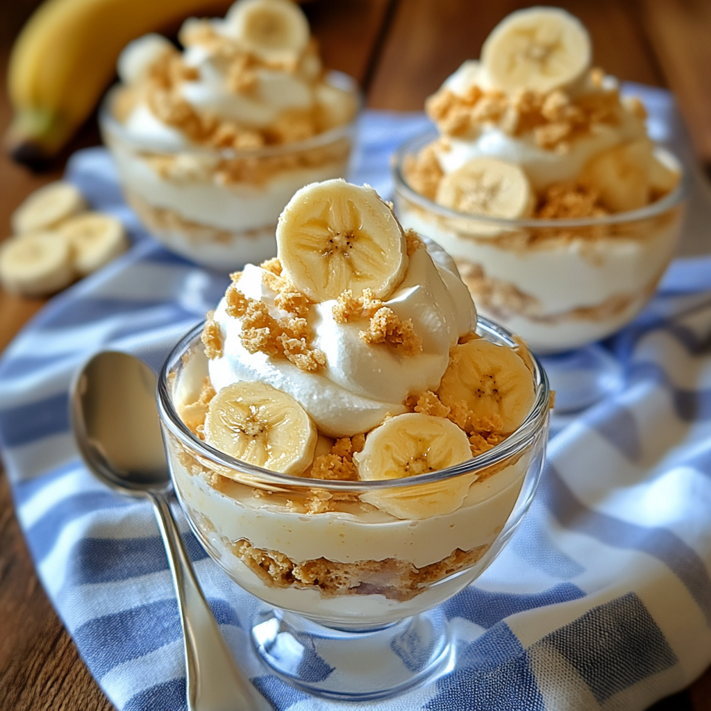 Banana Pudding Fluff Salad: A Heavenly Dessert? 6 Mini dessert cups with banana pudding fluff salad and banana slices