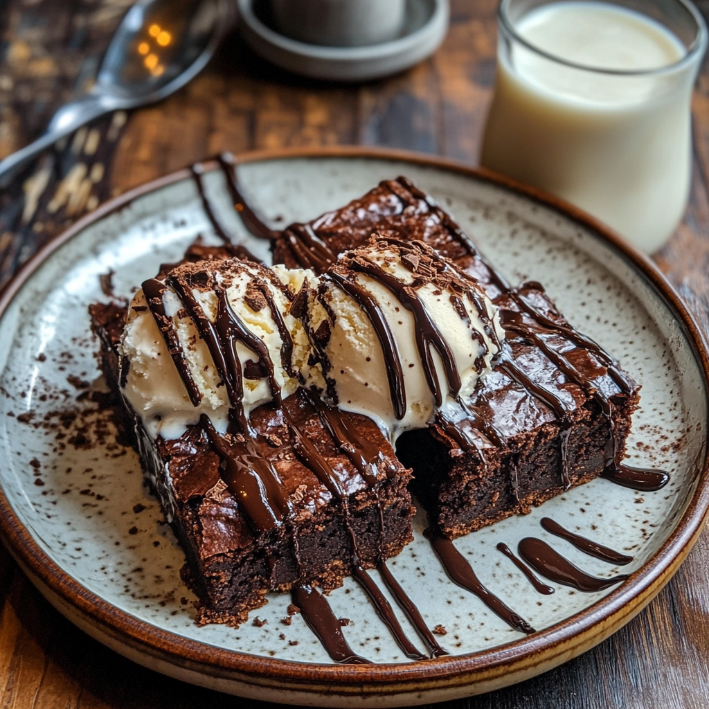Brown Butter Brownies Elevate Your Dessert! 7 Brown butter brownies served with ice cream and drizzle