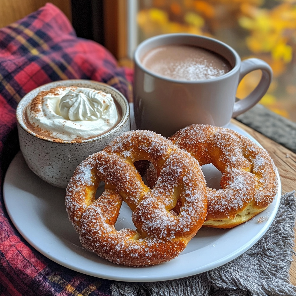 Cinnamon Sugar Soft Pretzels 7 Cinnamon sugar pretzels served with dipping sauce and hot drink