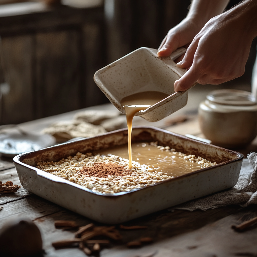 Coffee Cake Baked Oatmeal Recipe: Cozy, Easy & Delicious 8 pouring coffee cake oatmeal mix into baking dish
