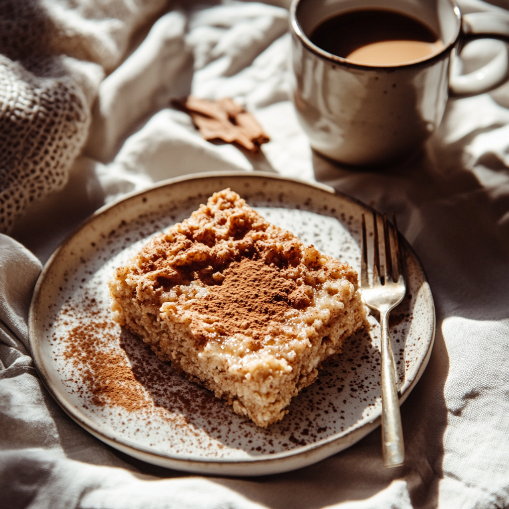 Coffee Cake Baked Oatmeal Recipe: Cozy, Easy & Delicious 9 sliced coffee cake baked oatmeal served with coffee
