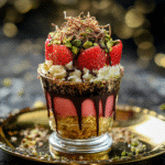 Strawberry Dubai Chocolate – A Sweet Luxury You Can Make at Home 10 Close-up of a strawberry Dubai chocolate dessert cup with layered textures